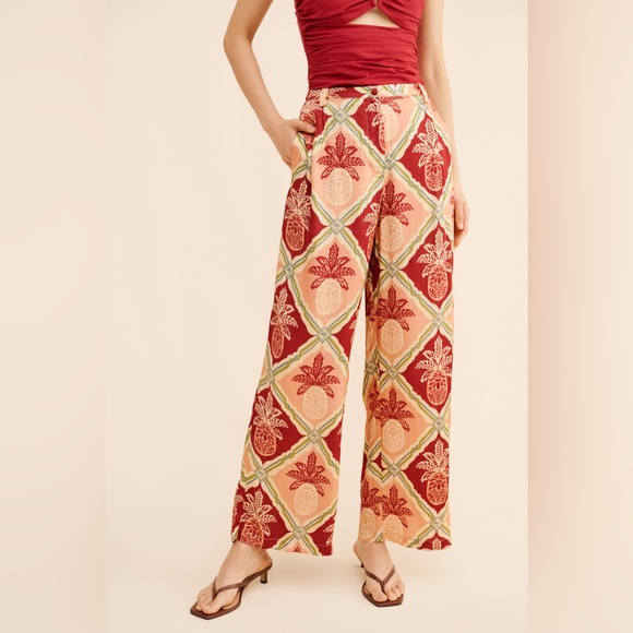 FARM Rio Pants - FARM Rio Satin Red and Cream Pineapple Patterned Wide Leg Pants